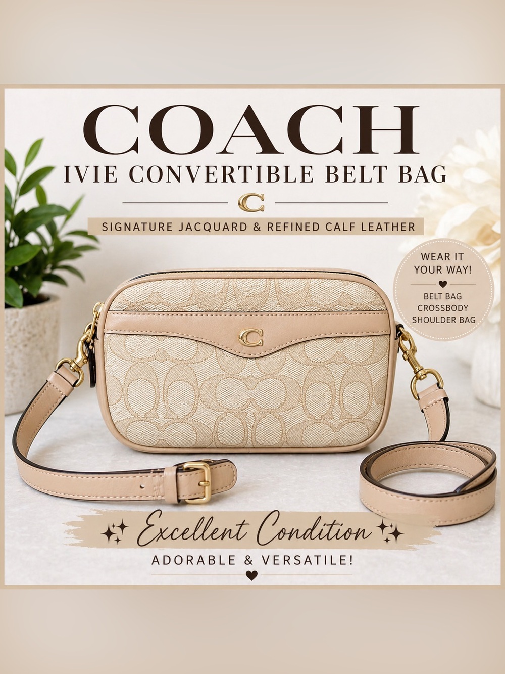 Coach Ivie Convertible Belt Bag Signature Jacquard Crossbody Beige